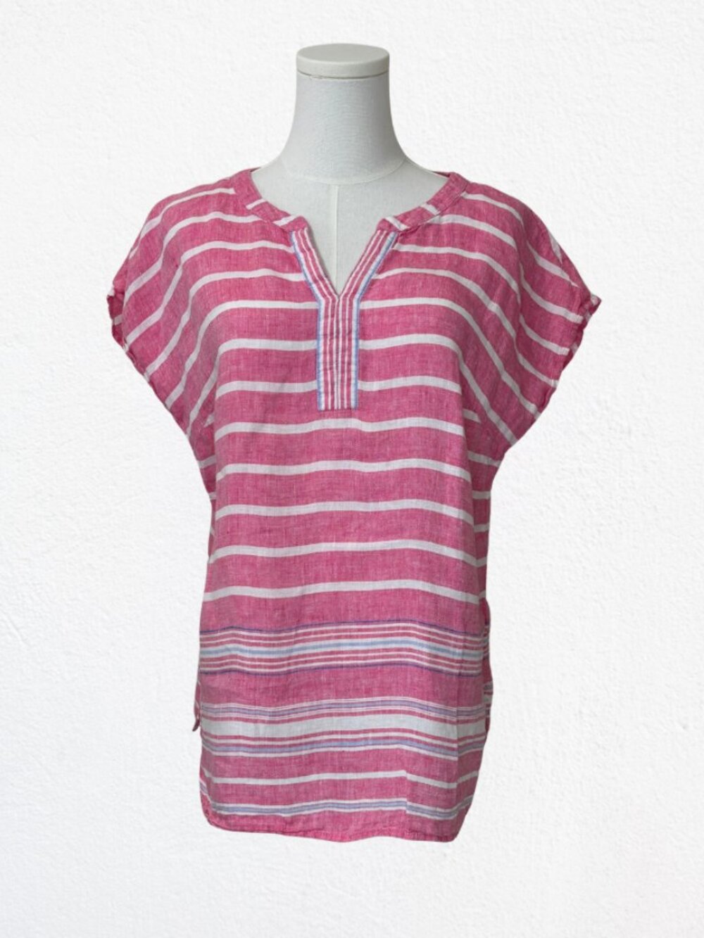 Talbots Linen Top Womens M Pink White Striped Split Neck Popover Blouse Boho